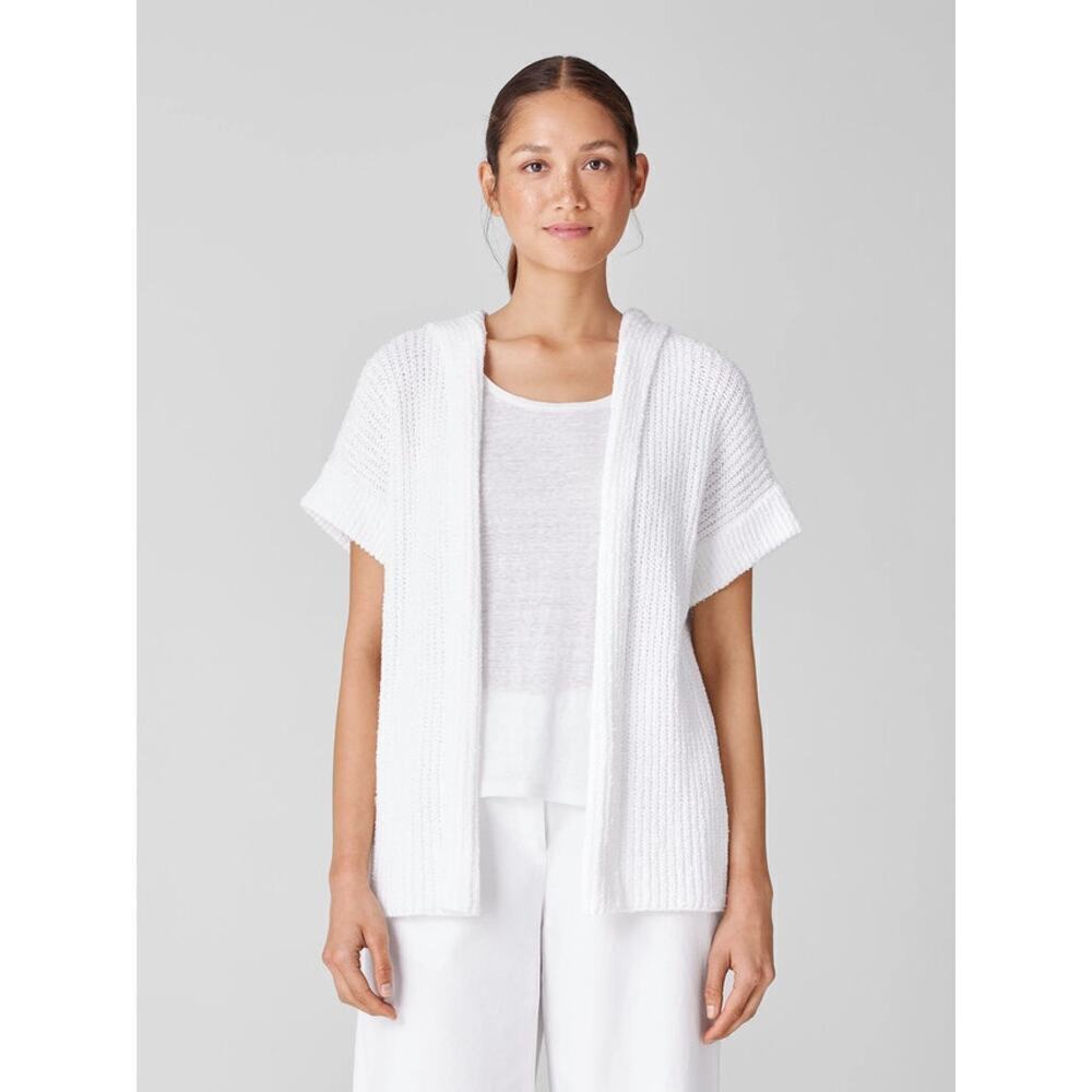 Eileen Fisher Peruvian Organic Cotton Boucle Hooded Open Cardigan SM White Sheer